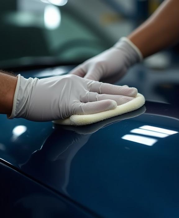 Detailer che applica con cura un prodotto sulla carrozzeria